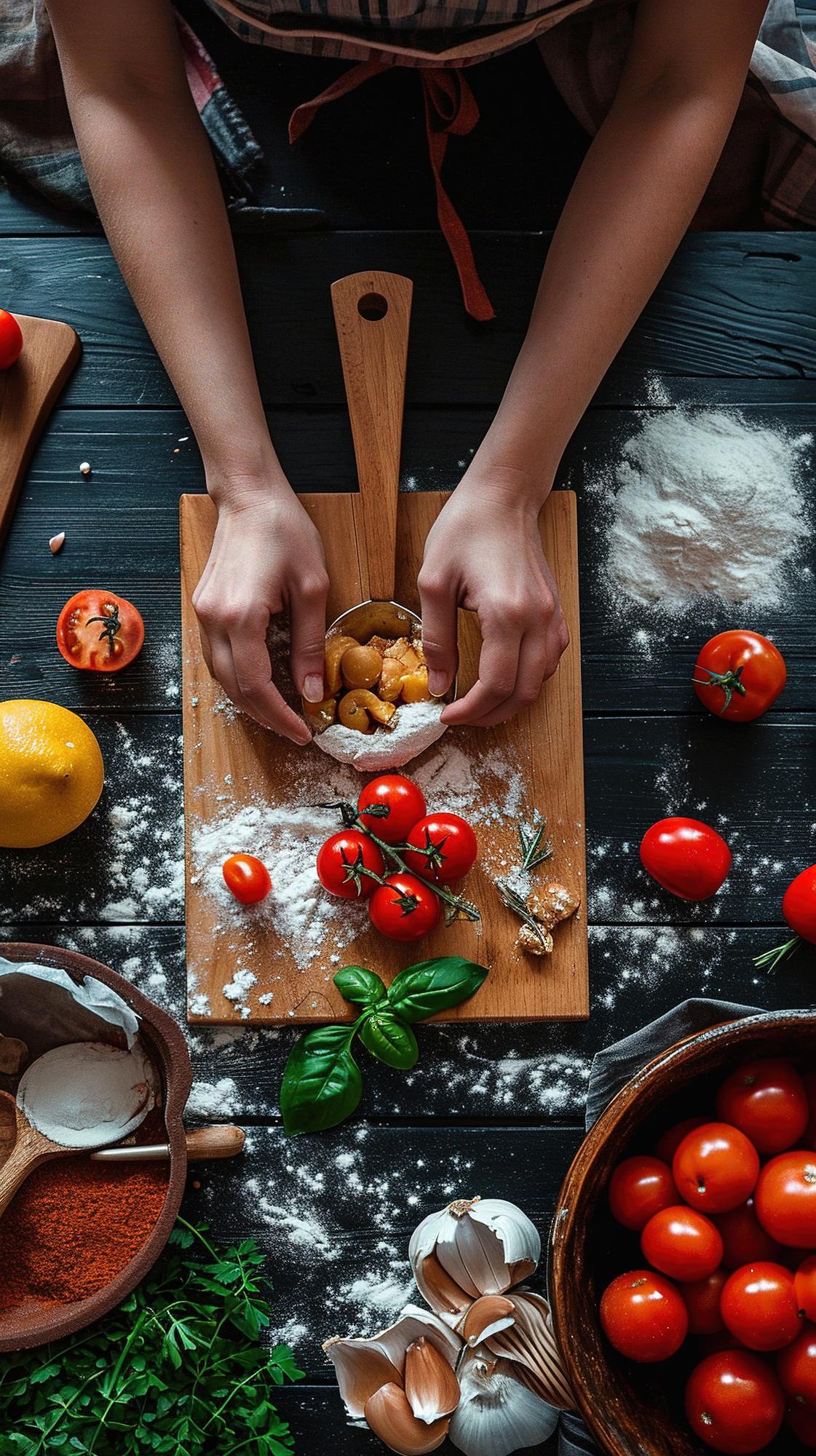 chef preparing mise en place on wooden board