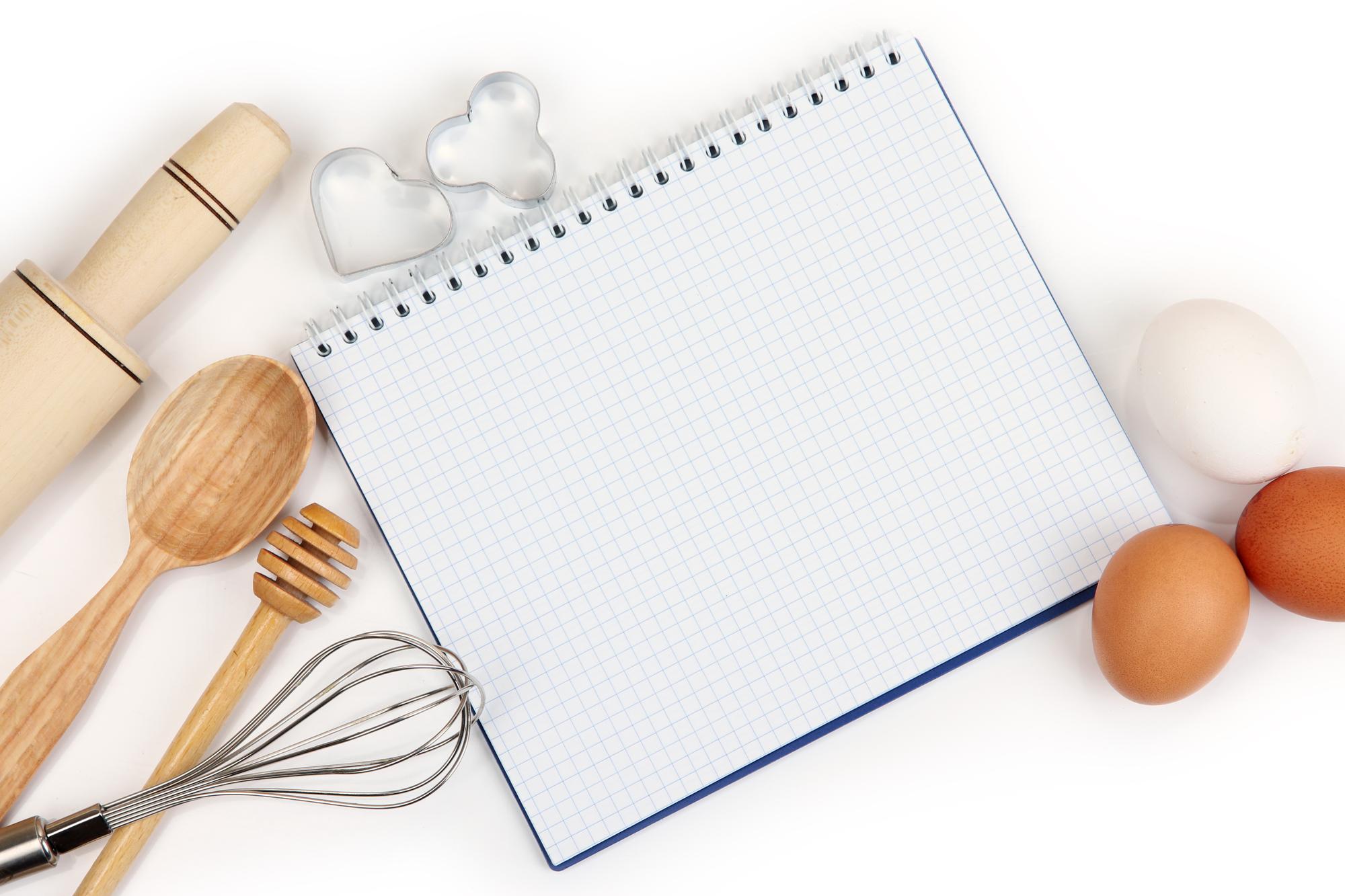 workspace with recipe cards and tools